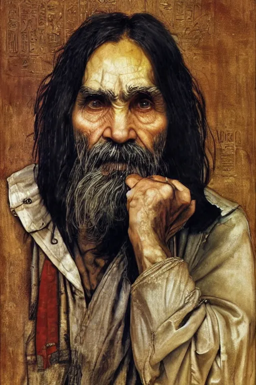Image similar to a closer personal portrait of a very old egyptian charles manson with very piercing eyes, very charismatic. in the old ancient temple of luxor. masterpiece, dark. painted by norman rockwell and james gurney