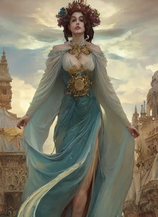 Image similar to a beautiful portrait of a sorceress floating on air with elegant looks, flowing robe, ornate and flowing, intricate and soft by ruan jia, tom bagshaw, alphonse mucha, wlop, beautiful roman architectural ruins in the background, epic sky, vray render, artstation, deviantart, pinterest, 5 0 0 px models