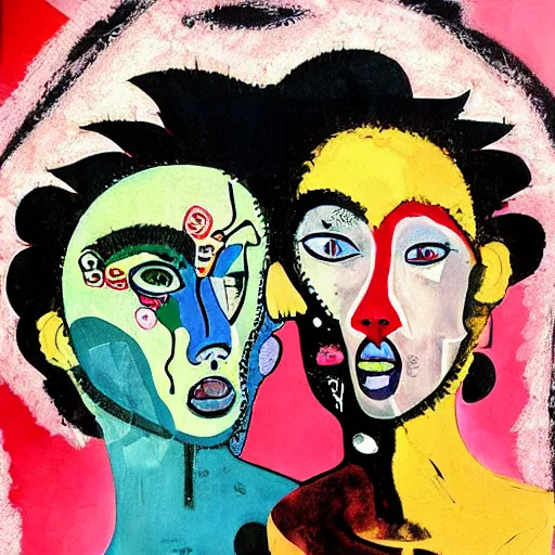 Image similar to beautiful painting of two bizarre psychedelic goth women kissing each other closeup in a cafe in japan, speculative evolution, mixed media collage by basquiat and jackson pollock, magazine collage art, sapphic art, lesbian art