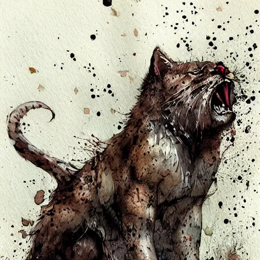 Image similar to vicious roaring kitty by Jean-Baptiste Monge, post processing, painterly, book illustration watercolor granular splatter dripping paper texture. Trending on artstation, post processing, pen and ink work. sharp focus.