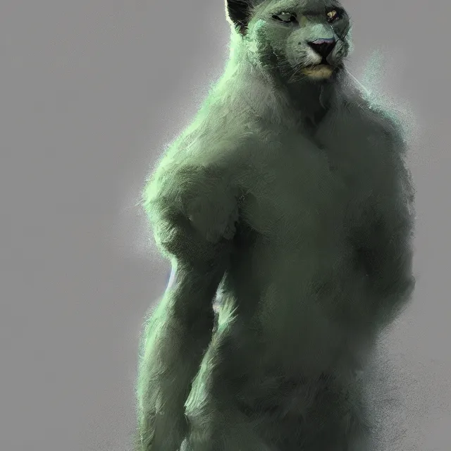 Prompt: a beautiful painting of a handsome anthropomorph gray panther furry fursona. green fog. disney character design by cory loftis, fenghua zhong, ryohei hase, ismail inceoglu and ruan jia. artstation, volumetric light, detailed, photorealistic, rendered in octane