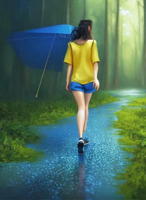 Image similar to young woman walking : : blue shorts yellow shirt : : magic raining forest nature : : weta disney pixar movie still photo : : decadent highly - detailed digital painting, full length shot, golden ratio, octane render, artstation, smooth, sharp focus, artgerm, mucha, loish, wlop, gogo