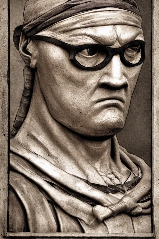 Image similar to donatello from tmnt, portrait, full body, symmetrical features, silver iodide, 1 8 8 0 photograph, sepia tone, aged paper, sergio leone, master prime lenses, cinematic