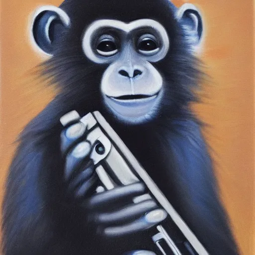 Image similar to Portrait of an Emo monkey holding a camera, oil painting