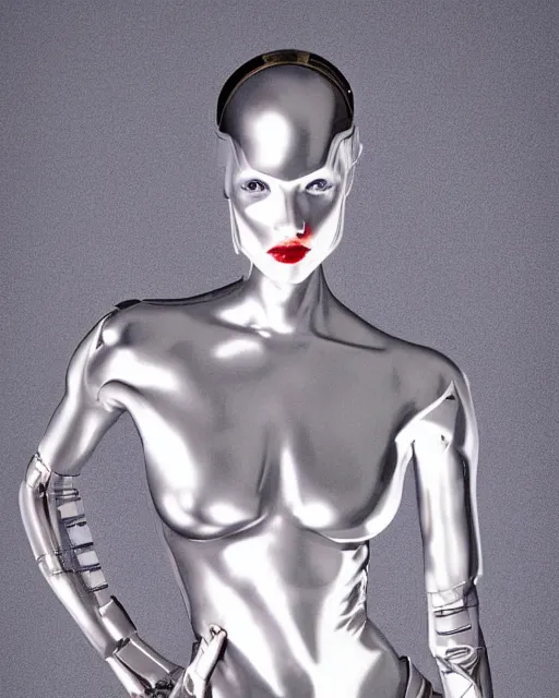 Image similar to Hajime Sorayama designed Metallic Robot Woman as Angelina Jolie, Studio Lighting. Robot woman’s skin made out of reflective chrome, Hyperreal