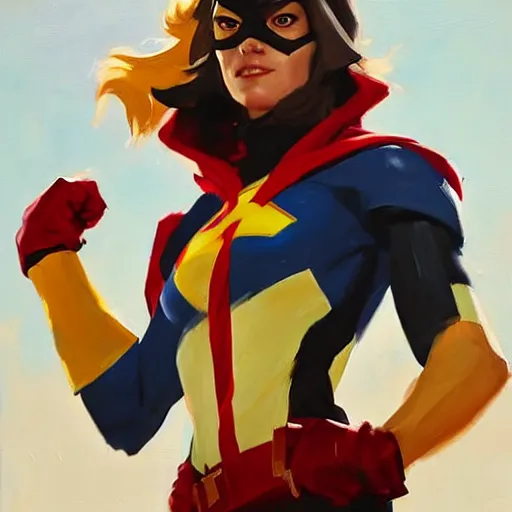 Prompt: greg manchess portrait painting of ms. marvel as overwatch character, medium shot, asymmetrical, profile picture, organic painting, sunny day, matte painting, bold shapes, hard edges, street art, trending on artstation, by huang guangjian and gil elvgren and sachin teng