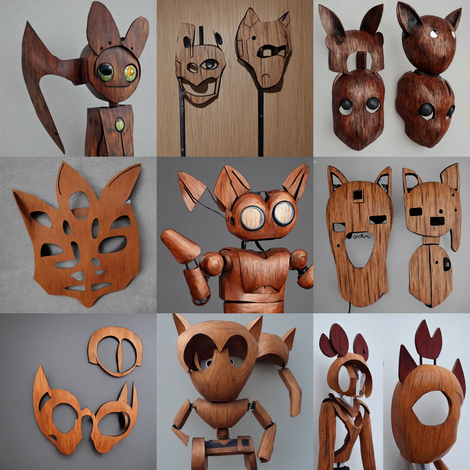 Prompt: sculpture wooden carving cute robot piedestal cat ears, cyberpunk, popart c, ollection, contemporaryart