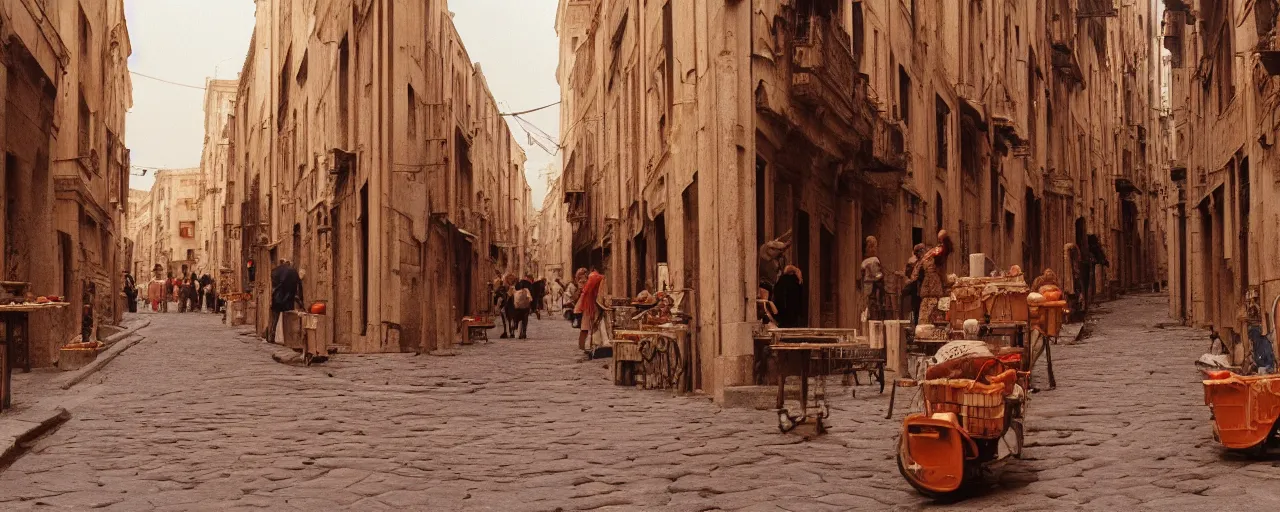 Image similar to wide shot of spaghetti in ancient roman streets and, sigma 8 0 mm, cinematic lighting, photography, wes anderson, kodachrome