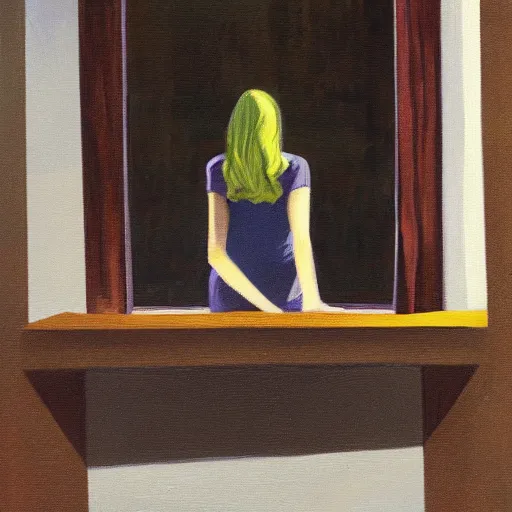 Image similar to vampire looking out her window from her apartment, oil painting
