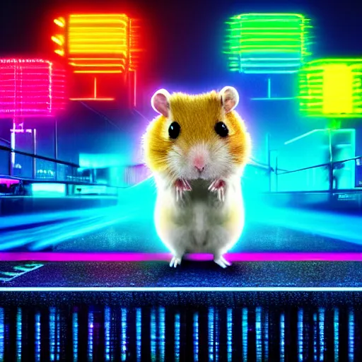 Image similar to hamster in a rainbow cyberpunk city with bright neon lights, 8 k, hd, light reflection