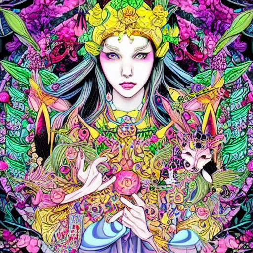 Image similar to NeoPagan Goddess of Spring, inside her temple, in a blended style by Junko Mizuno, Möbius, and Peter Chung, hyper detailed, 4k photorealistic digital art, flat colors, dramatic composition, extremely fine inking lines