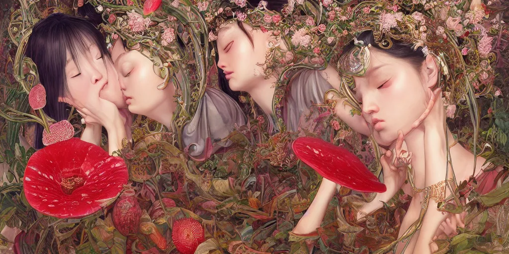 Prompt: breathtaking detailed concept art painting of kissing goddesses of rafflesia arnoldii flowers, orthodox saint, with anxious, piercing eyes, ornate background, amalgamation of leaves and flowers, by Hsiao-Ron Cheng, James jean, Miho Hirano, Hayao Miyazaki, extremely moody lighting, 8K