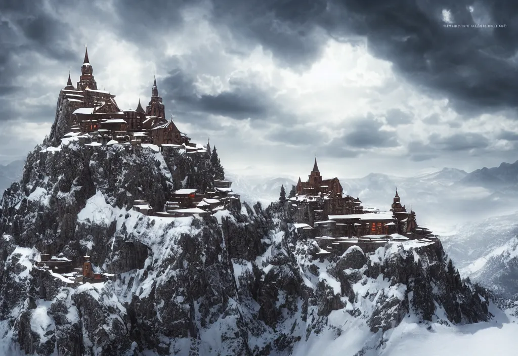Prompt: A monastery on top of a snowy mountain surrounded by epic clouds by max schiller, cinematic, cinema lighting, ultra realistic, concept art, award winning