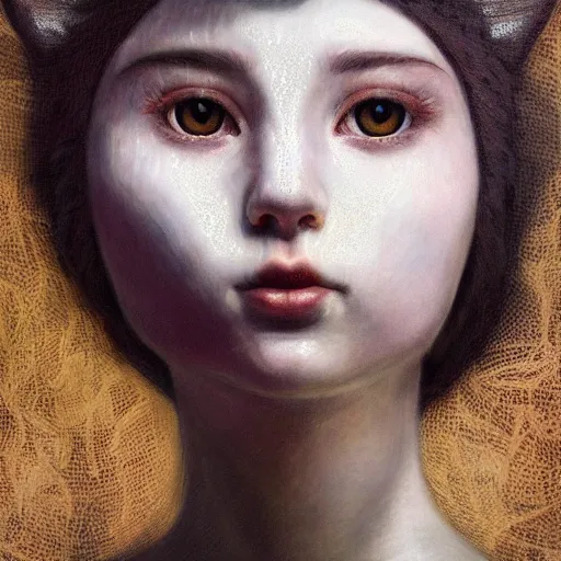 Image similar to white cat, botanical, portrait face, colorful, frantisek kupka, intricate, miles johnston, kuroda seiki, cynical realism, ozabu, john william godward, painterly, yoshitaka amano, moebius, miles johnston, louise zhang, james jean, mark ryden lowbrow pop surrealism art style