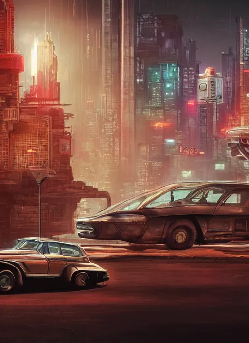 Prompt: a retro - futuristic car with a cyberpunk city in the background, alexander jansson, leesha hannigan, 8 k, highly detailed,