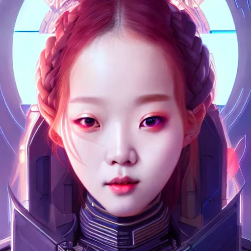 Image similar to portrait painting of chuu kpop as a cheerful smiling cyberpunk mercenary, ultra realistic, concept art, intricate details, eerie, highly detailed, photorealistic, octane render, 8 k, unreal engine. art by artgerm and greg rutkowski and magali villeneuve and alphonse mucha