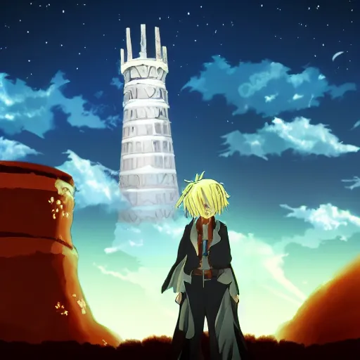 Image similar to Anime style desert at night with monstrous beasts inside it, with a tall white tower in the background, HD,