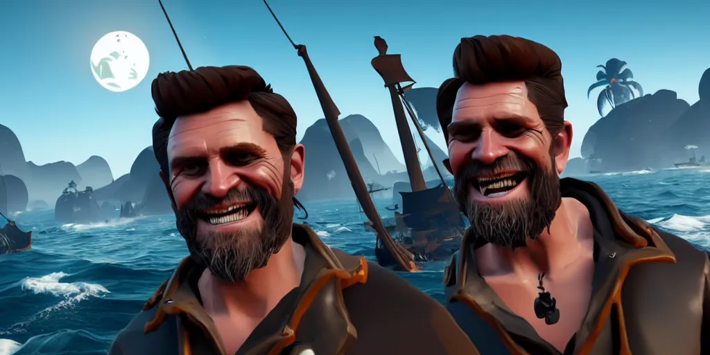 Image similar to selfie of willem dafoe as a sea of thieves character, sea of thieves screenshot, storm, unreal engine, digital art