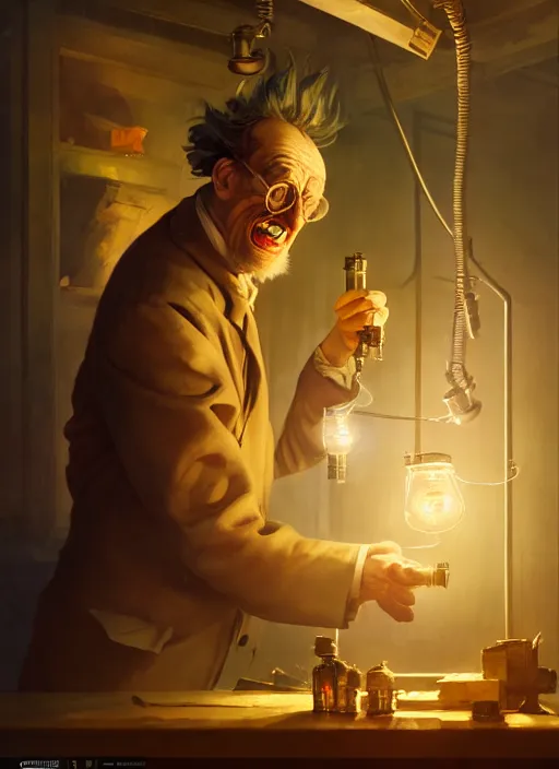 Prompt: mad scientist performing a experiment by otto dix and greg rutkowski and andreas rocha, cinematic lighting, highly detailed, warm colours, 8 k