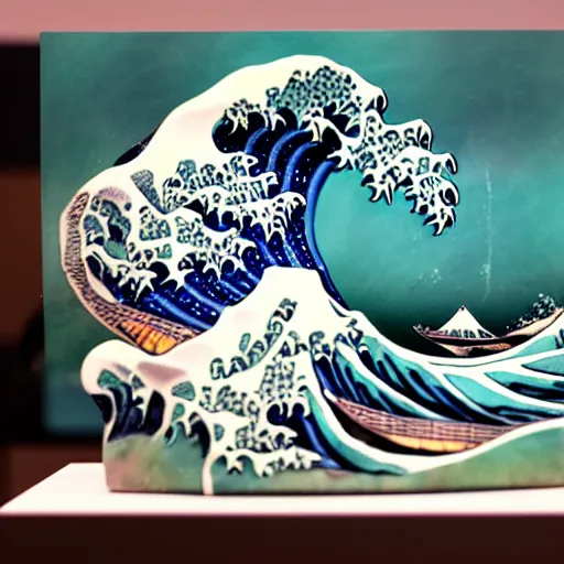 Prompt: carved diorama of the great wave off kanagawa with lava and fire, carved out of transparent marble with celadon glaze, photo realistic, dramatic cinematic lighting, octane render, 4 k, ultra detailed