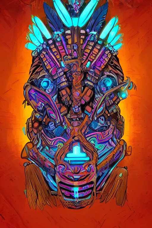 Image similar to totem animal tribal chaman vodoo mask feather gemstone plant wood rock video game illustration vivid color borderlands by josan gonzales and dan mumford radiating a glowing aura