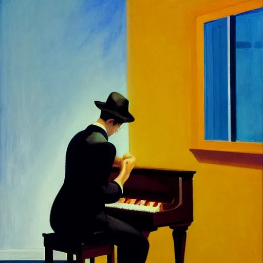 Image similar to painting of a piano player. by edward hopper and james gilleard