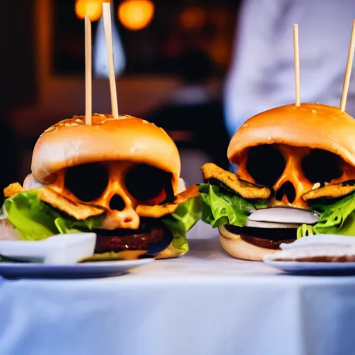 Prompt: A photo of two elegantly dressed skeletons sharing a cheeseburger on a romantic evening in a restaurant. Nikon D750 35mm iso 100