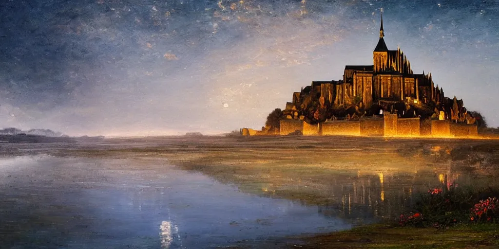 Image similar to masterpiece oil painting portraying mont saint michel in the style of romanticism landscape painters with a tree on the foreground,beautiful,misty,night sky,evocative,reflection in the water,photorealistic,chiaroscuro,soft lighting