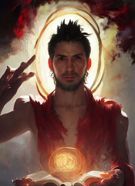 Image similar to character concept portrait of an attractive young angry Spanish wizard with red skin conjuring a portal spell, a floating iridescent spell book in the center, intricate, elegant, digital painting, concept art, smooth, sharp focus, illustration, from Metal Gear, by Ruan Jia and Mandy Jurgens and William-Adolphe Bouguereau, Artgerm