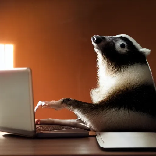 Prompt: badger sitting at a computer and drinking a beer, professional photography, artistic lighting