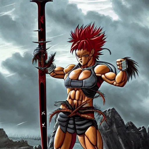 Image similar to realistic art style, warrior girl, muscular girl, wild spiky red saiyan hair, long spiky hair, electrified hair, holding scimitar made of bone, scimitar, sword, jagged sword, curved sword, orkish sword, colorized, gray skin, hyper - detailed, primeval fantasy, prehistoric fantasy, art by jacques - louis david