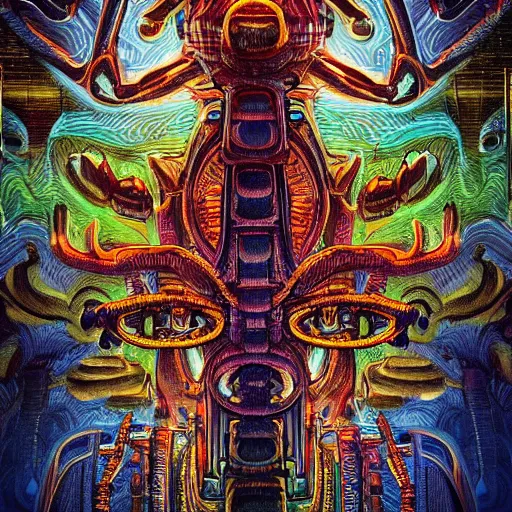 Image similar to simple totem to the machine god, symmetrical, small details, coherent, hyper detailed, complex, layered very far shot, ominous lighting, colorful