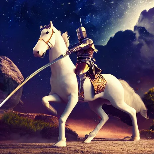 Image similar to A knight holding a sword while riding in a horse through the galaxy, hyperrealistic, 8K, octane render, highly detailed, volumetric lighting