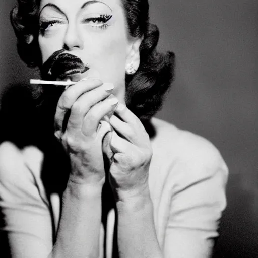 Prompt: joan crawford smoking a joint or cigarette, photo journalism, portrait, in the style of anna leibovitz