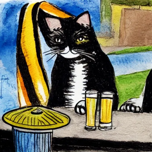 Prompt: a cat wearing a black bucket hat and a black and yellow striped scarf drinking a beer at an outdoor pub in stockholm, children\'s book drawing watercolor