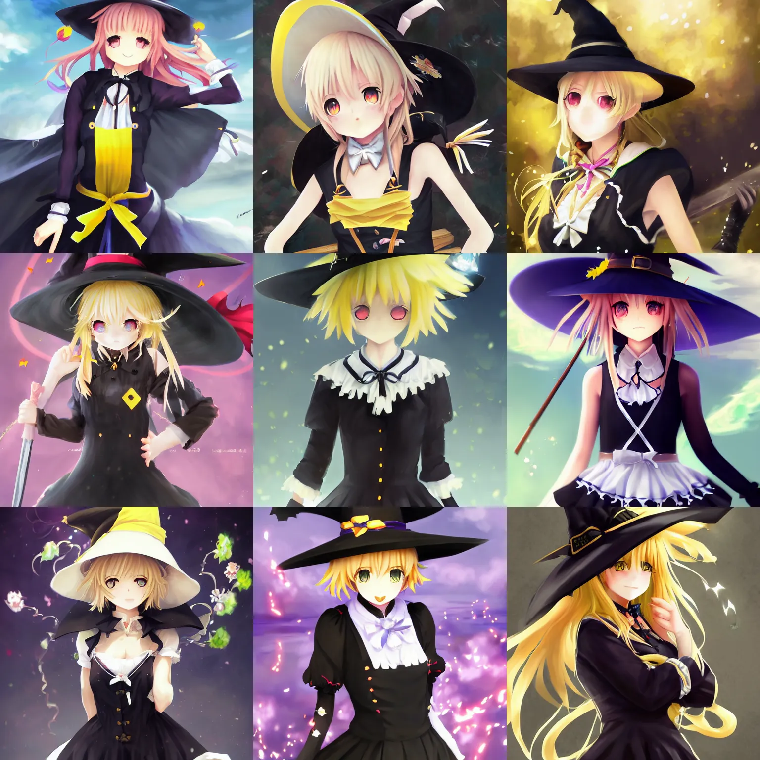 Prompt: artwork portrait of cute witch marisa kirisame from touhou project, marisa kirisame touhou artwork black black hat hat broom blonde hair ultradetailed sparkling yellow eyes maid dress white apron by greg rutkowski makoto shinkai sakimichan key art 4 k 8 k ultrahd trending award winning