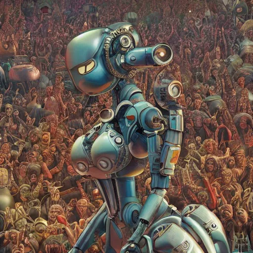 Prompt: intricate detailed artwork of a futuristic robot controlling thousands of beautiful female ravers, full frontal views, in the style of Geof Darrow, steampunk, fully filled out women, torn clothing, bikinis, ultra hd, 8k, redshift render, pixar