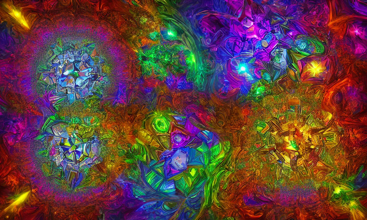 Image similar to voronoi engine laboratory 3 d volume kaleidoscope mandala fractal chakra digital multicolor stylized concept substance liquid nebula stone, a spectacular view cinematic rays of sunlight comic book illustration, by john kirby radiating a glowing aura global illumination ray tracing hdr depth fog overlay multiply photoshop layer