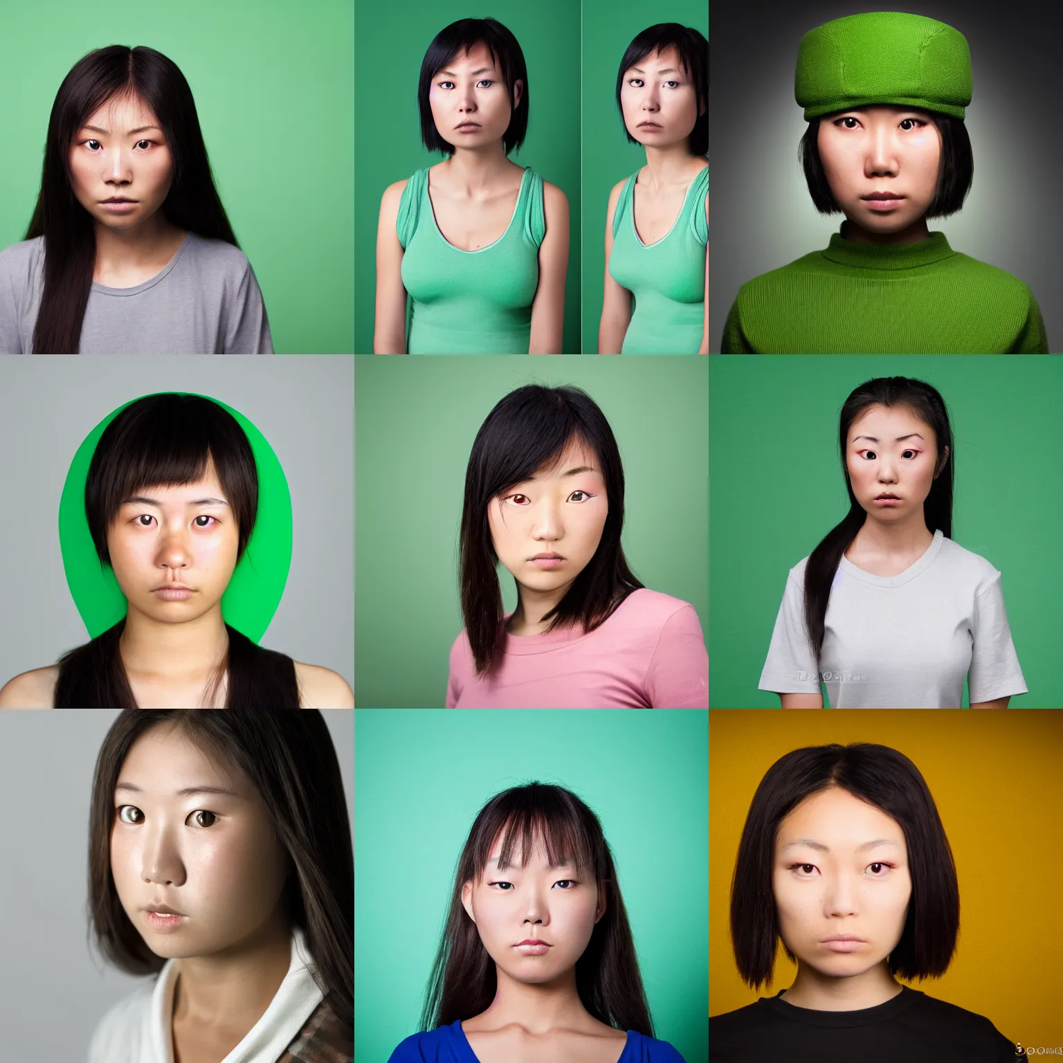 Prompt: front view mug shot of a young beautiful japanese female, digital photography, soft studio lighting, chroma green background