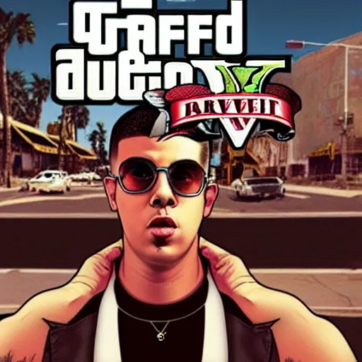 Image similar to music artist bad bunny in gta v cover art by steven bliss, cover art, box art, loading screen