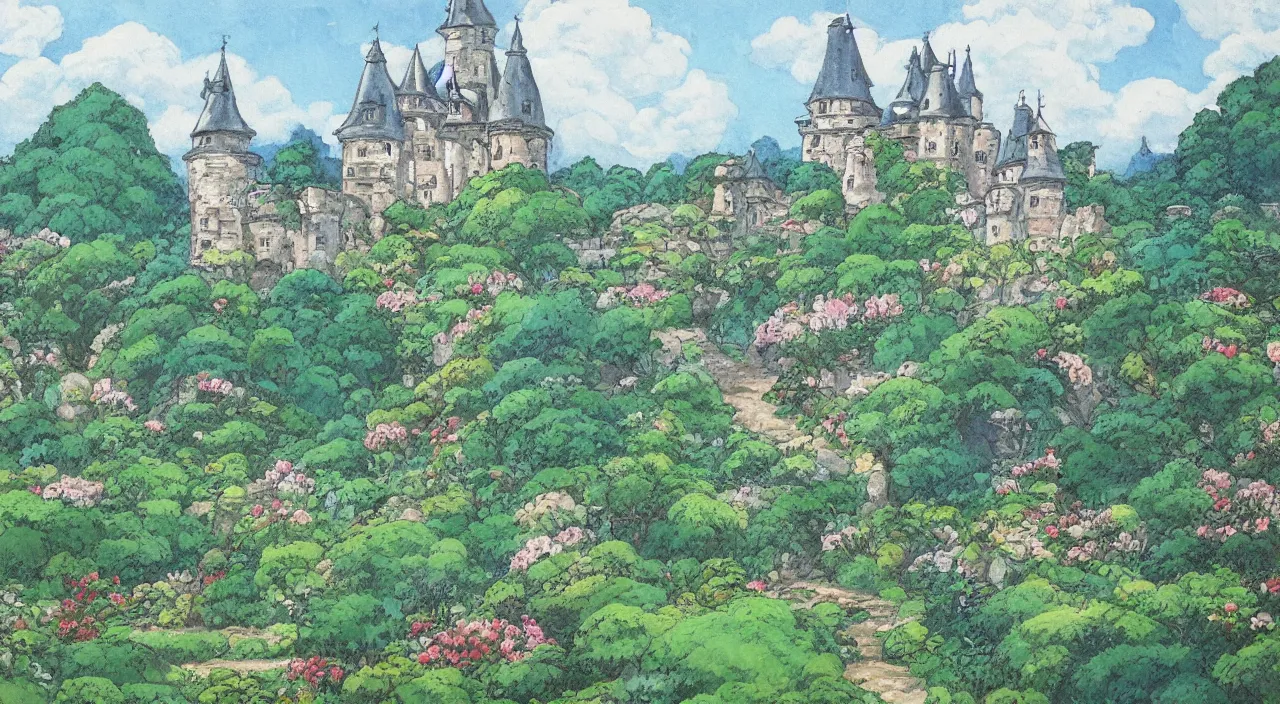 Image similar to a landscape painting of a French castle, with a garden, by Studio Ghibli