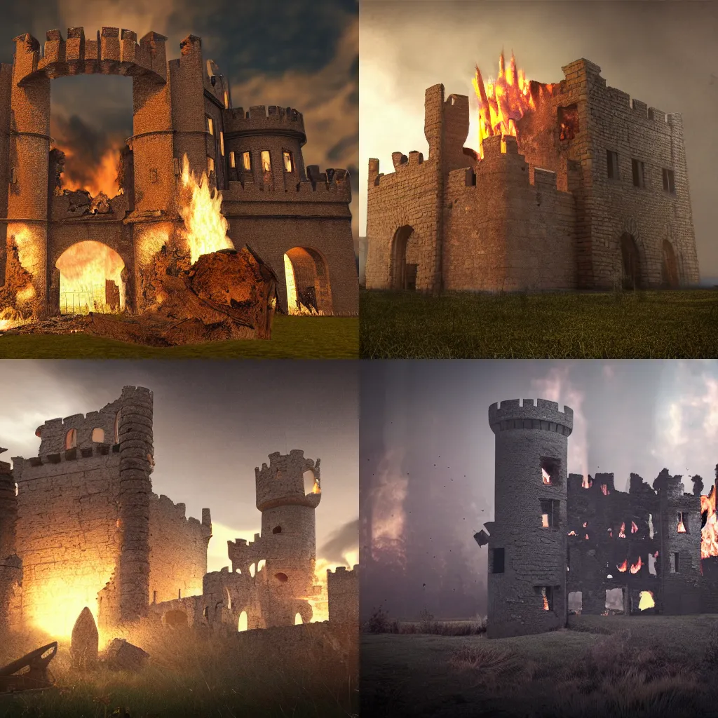 Prompt: castle in ruins, on fire, under attack, wide angle, octane render