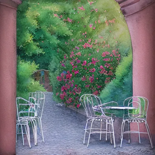 Image similar to delicate, chairs, garden, paved, botanic watercolors, iridescent, 8 k, realistic shaded, fine details, artstation, italian, iron gate, tree, mediterranean, hdr photography