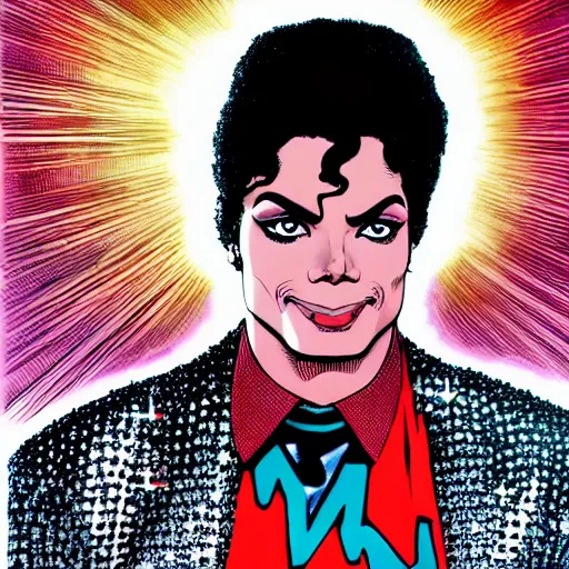 Image similar to dynamic macro head portrait of beautifu michael jackson super hero in white sequined jacket by john romita sr and cory walker and ryan ottley and jack kirby and barry windsor - smith, comic, illustration, photo real