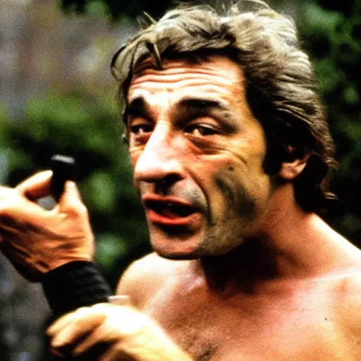 Image similar to frightened robert deniro pointing at a running goblin, photograph, 1 9 7 6