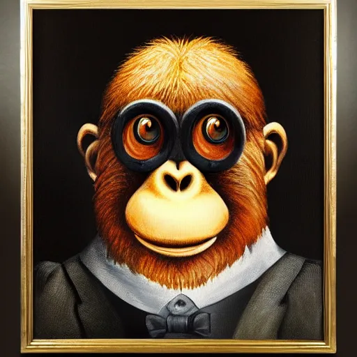 Image similar to framed portrait painting of an anthropomorphized orangutan, wearing a monocle and a small bowler hat, oversized mustache. dark outlining style. highly detailed