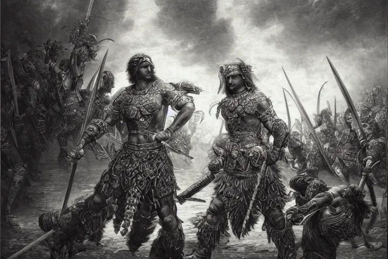 Image similar to highly detailed painting of a warrior barbarian, symmetrical, masterpiece, highly detailed painting by gustave dore