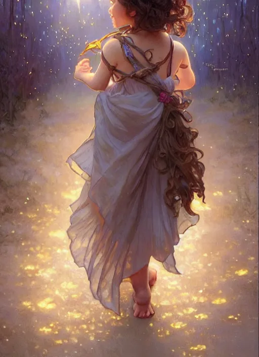 Image similar to a cute little girl with short curly brown hair with a happy expression wearing a summer dress dancing with fireflies, she is in the distance. beautiful fantasy art by by artgerm and greg rutkowski and alphonse mucha, trending on artstation.