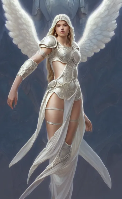 Image similar to angel, high key, full armor cloth, full body portrait, gentle, female, bright marble ruins, landscape, d & d, fantasy, intricate, elegant, highly detailed, digital painting, white gold color palette, artstation, octane render, concept art, matte, sharp focus, illustration, hearthstone, art by artgerm and greg rutkowski and alphonse mucha