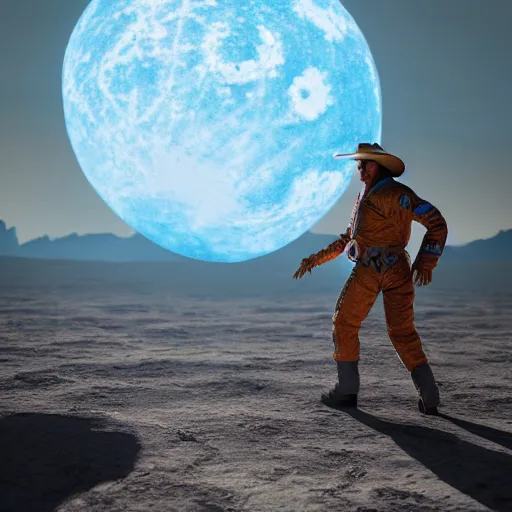 Image similar to apollo 8 cowboy earthrise cowboy in cowboy space, octane render, blender render, unreal engine, 3 5 mm, cowboy, with earth in rising in the sky in the background, trending on artstation, art by bartosz jaworski